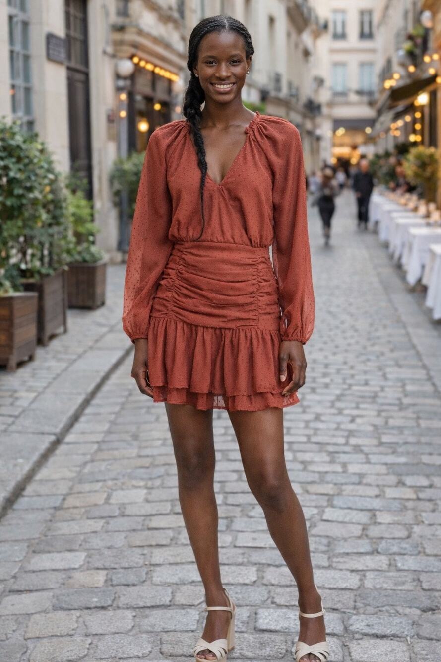 Floret Studios Swiss Dot Ruched Long Sleeve Minidress in Marsala Size M NWOT